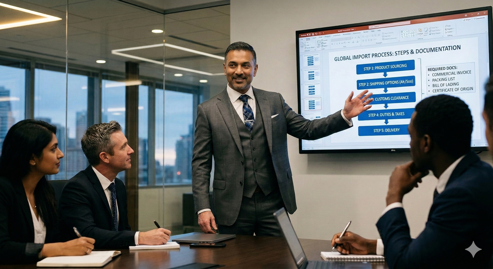 A detailed presentation slide is displayed on a large screen in a modern office, titled 'GLOBAL IMPORT PROCESS: STEPS & DOCUMENTATION'. The slide features a blue, numbered flowchart on the left with steps: 'STEP 1: PRODUCT SOURCING', 'STEP 2: SHIPPING OPTIONS (Air/Sea)', 'STEP 3: CUSTOMS CLEARANCE', 'STEP 4: DUTIES & TAXES', and 'STEP 5: DELIVERY'. To the right of the flowchart, under the heading 'REQUIRED DOCS:', is a precise list of documents: 'COMMERCIAL INVOICE', 'PACKING LIST', 'BILL OF LADING', and 'CERTIFICATE OF ORIGIN'. An Indian-origin male presenter in a grey three-piece suit stands gesturing towards the screen.